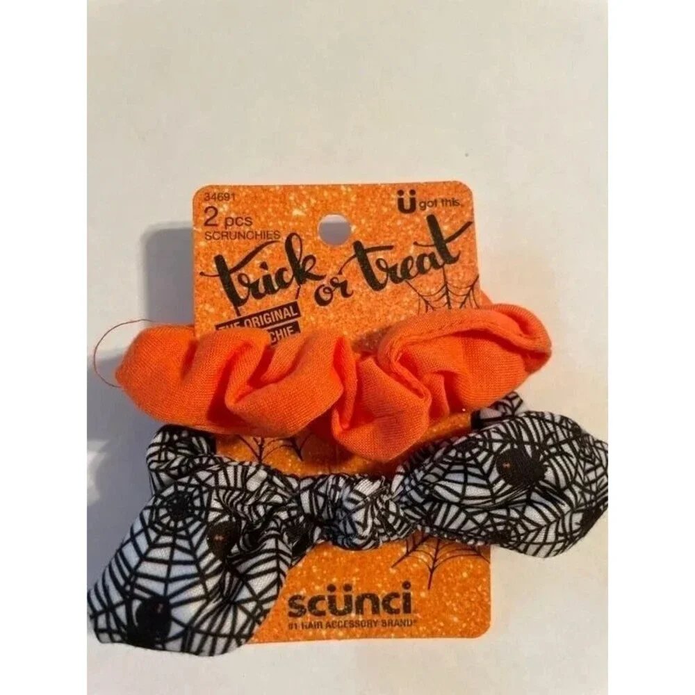 Scunci 2pc Halloween Trick or Treat scrunchies hair bows orange black